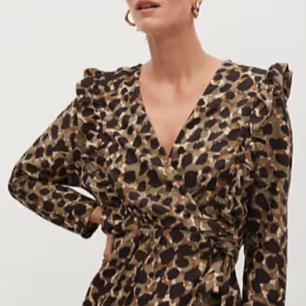 NWT MANGO Faux Wrap Dress with Ruffle in Animal Print - M